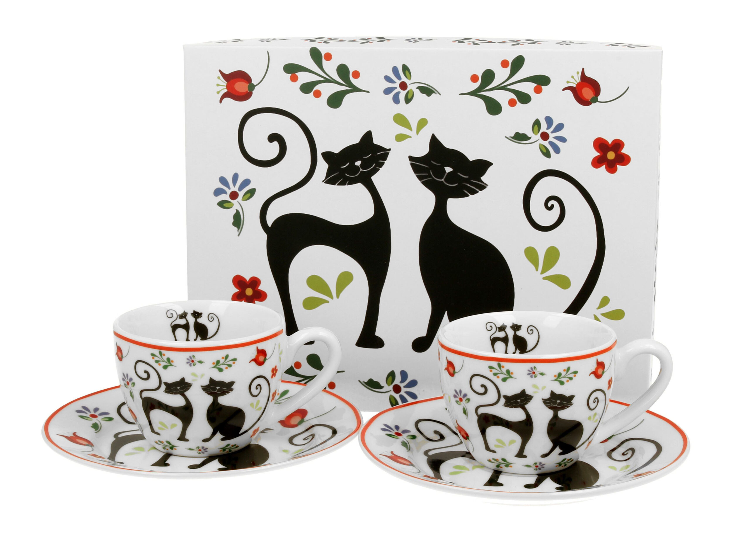 Espresso cups and plates porcelain Ethno Cats