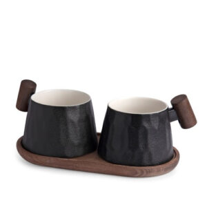 Mug with WOODEN HANDLE porcelain 2/1 with tray
